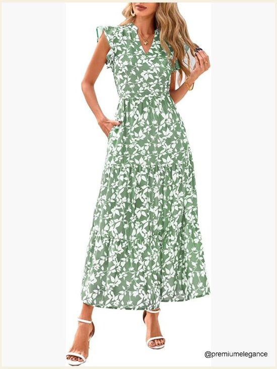 Dresses & Skirts - Floral Cap Sleeve Midi Dress V-Neck Ruffle Tiered Boho Summer